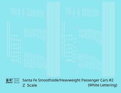 Santa Fe Smoothside/Heavyweight Passenger Cars White #2 - Decal - Choose Scale
