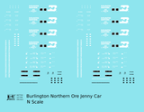 Burlington Northern Ore Jenny Car White  - Decal - Choose Scale