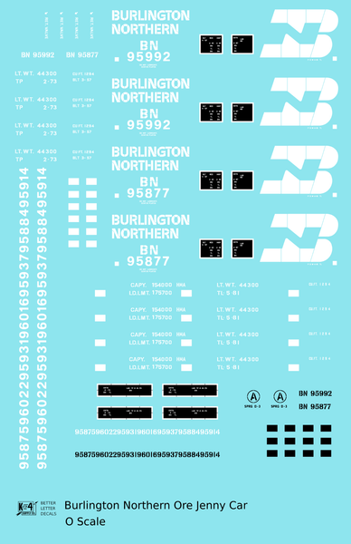 Burlington Northern Ore Jenny Car White  - Decal Sheet