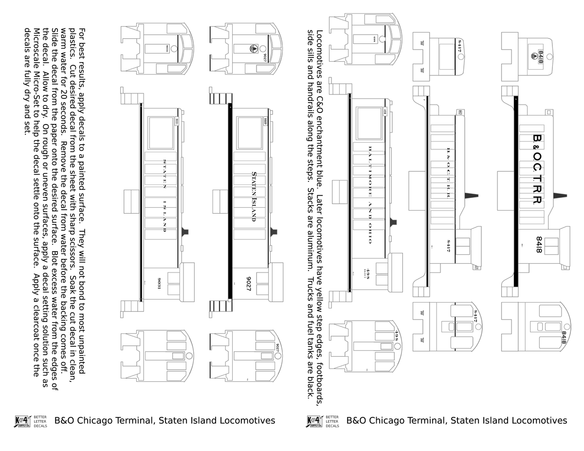 B&O Chicago Terminal and Staten Island B&OCT SIRT Diesel Switcher Locomotive Yellow  - Decal
