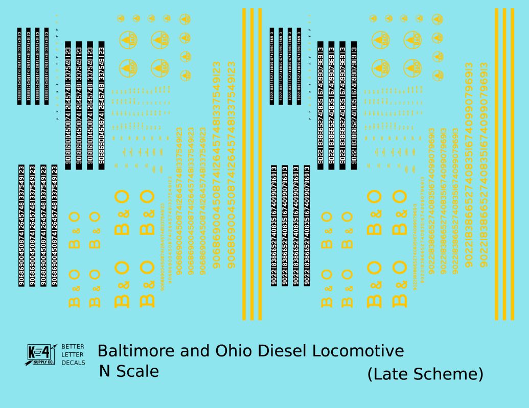 Baltimore and Ohio Diesel Locomotive Yellow Late B & O Scheme - Decal - Choose Scale