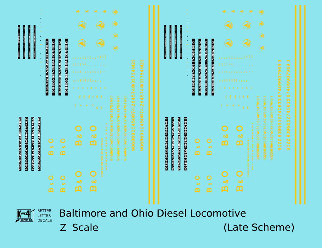 Baltimore and Ohio Diesel Locomotive Yellow Late B & O Scheme - Decal - Choose Scale