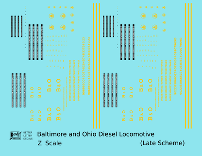 Baltimore and Ohio Diesel Locomotive Yellow Late B & O Scheme - Decal - Choose Scale