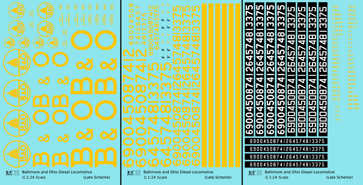 Baltimore and Ohio Diesel Locomotive Yellow Late B & O Scheme - Decal - Choose Scale