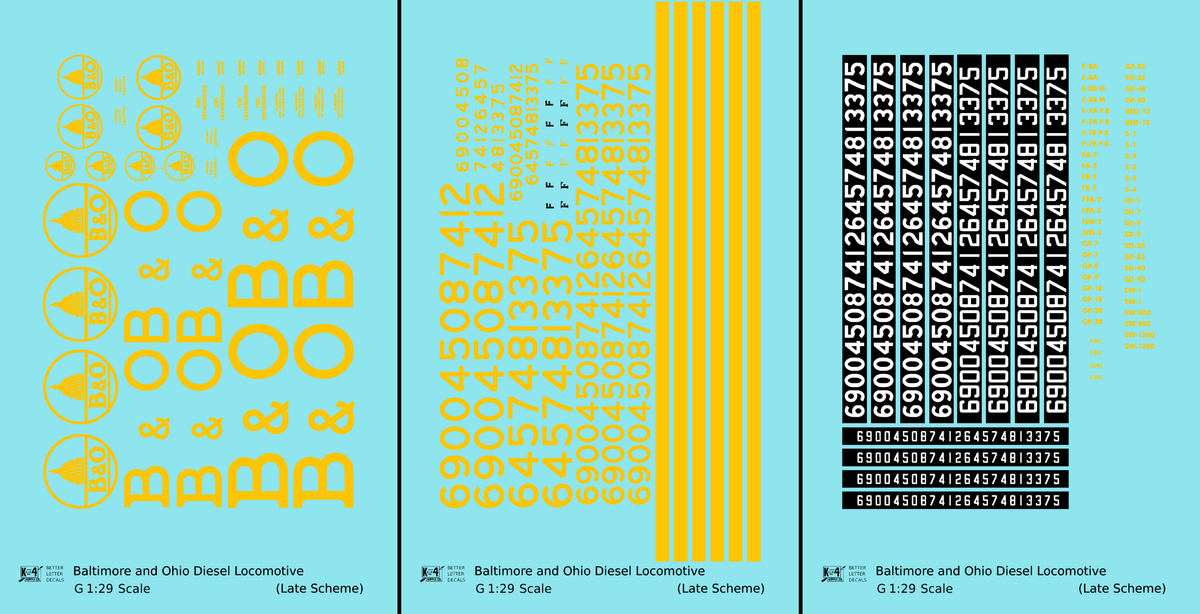 Baltimore and Ohio Diesel Locomotive Yellow Late B & O Scheme - Decal - Choose Scale