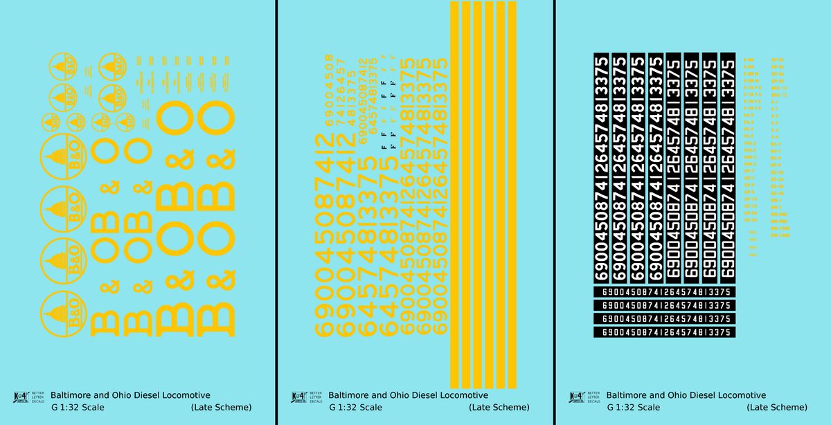 Baltimore and Ohio Diesel Locomotive Yellow Late B & O Scheme - Decal - Choose Scale