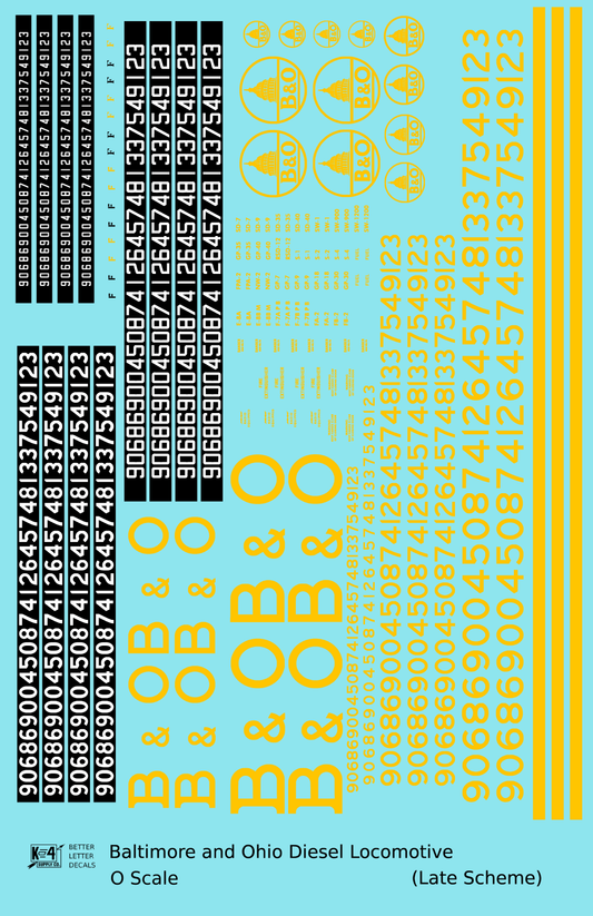 Baltimore and Ohio Diesel Locomotive Yellow Late B & O Scheme - Decal Sheet