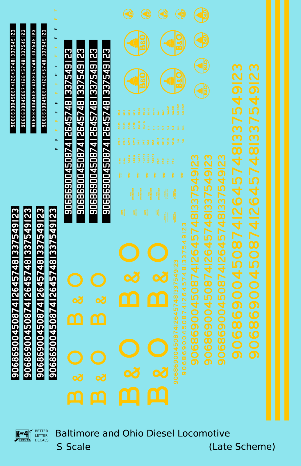 Baltimore and Ohio Diesel Locomotive Yellow Late B & O Scheme - Decal - Choose Scale