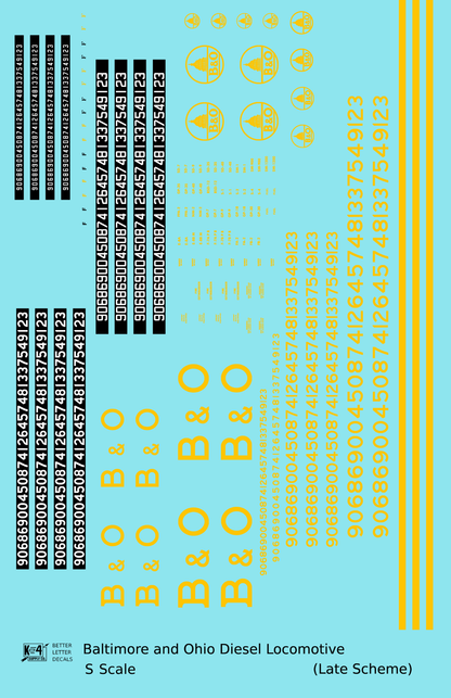 Baltimore and Ohio Diesel Locomotive Yellow Late B & O Scheme - Decal - Choose Scale