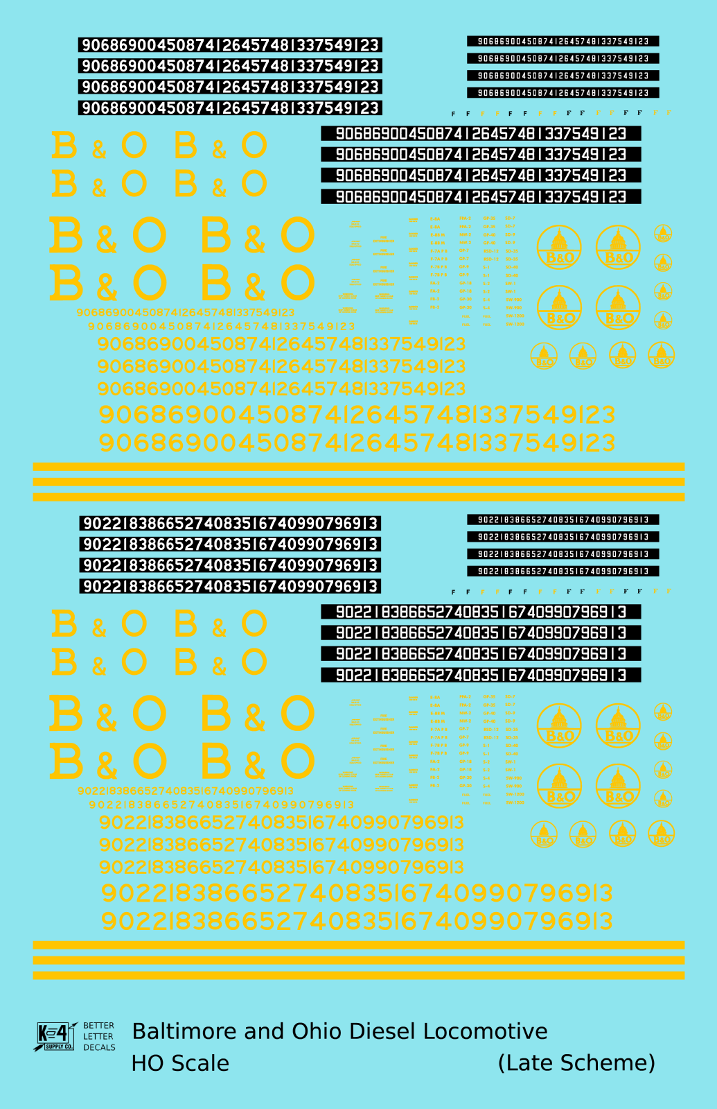 Baltimore and Ohio Diesel Locomotive Yellow Late B & O Scheme - Decal - Choose Scale