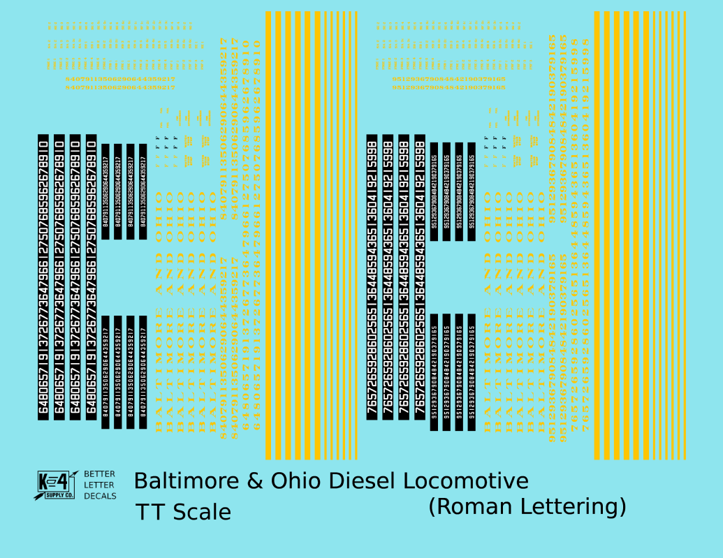 Baltimore and Ohio Diesel Locomotive Yellow Early Freight Scheme - Decal - Choose Scale
