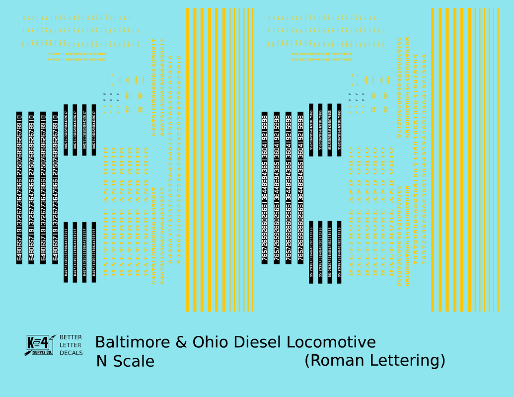Baltimore and Ohio Diesel Locomotive Yellow Early Freight Scheme - Decal - Choose Scale