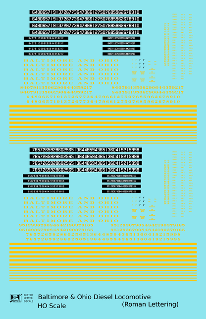 Baltimore and Ohio Diesel Locomotive Yellow Early Freight Scheme - Decal - Choose Scale