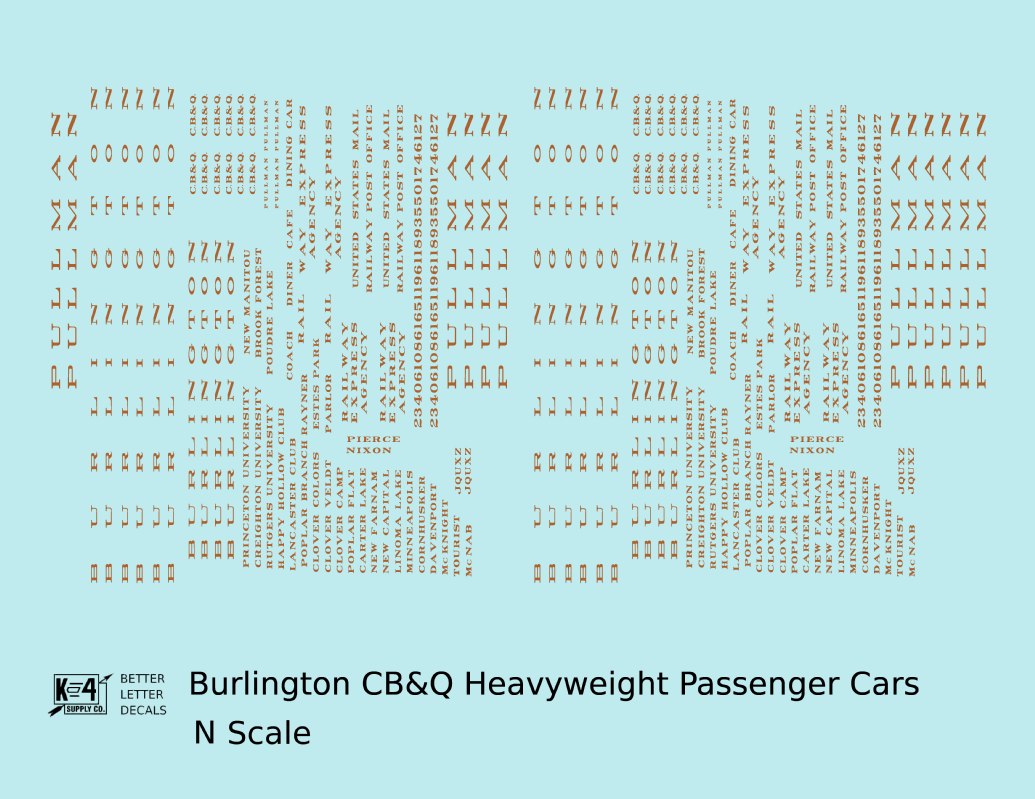 Burlington CB&Q Heavyweight Passenger Car Bronze Gold Roman Lettering