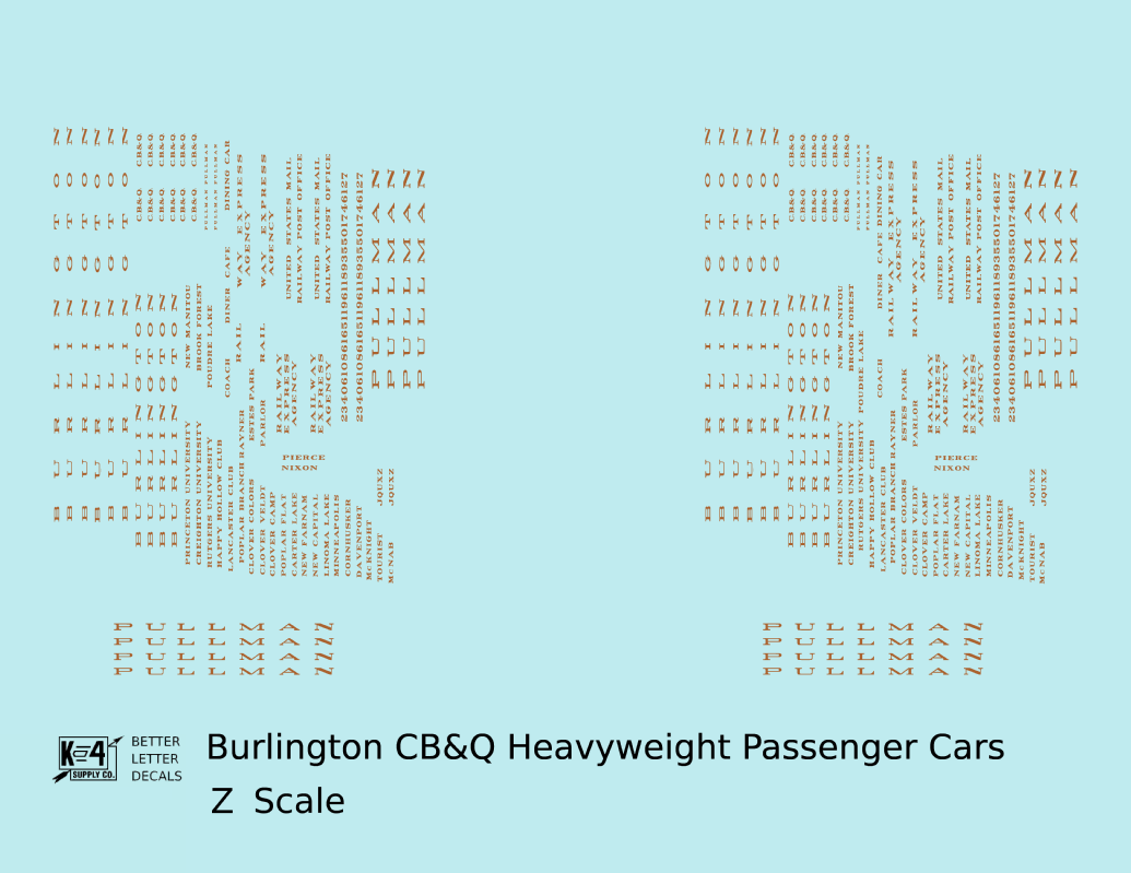 Burlington CB&Q Heavyweight Passenger Car Bronze Gold Roman Lettering