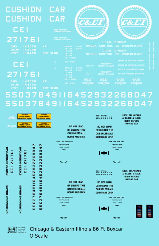 Chicago and Eastern Illinois 86 Ft Auto Parts Boxcar White Missouri Pacific Buzzsaw Herald - Decal Sheet