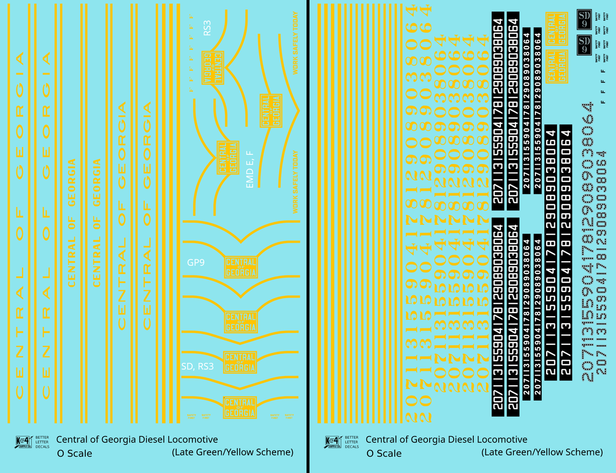 Central Of Georgia Diesel Locomotive Yellow Collard Scheme - Decal - Choose Scale