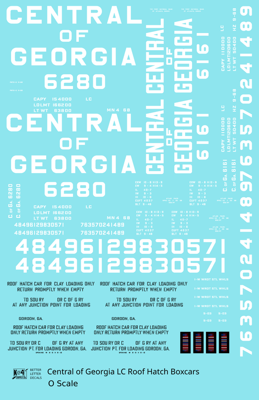 Central Of Georgia Roof Hatch Boxcar White Block Letter - Decal Sheet