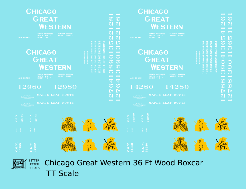 Chicago Great Western 36 Ft Wood Boxcar White and Yellow Leaf Herald - Decal - Choose Scale