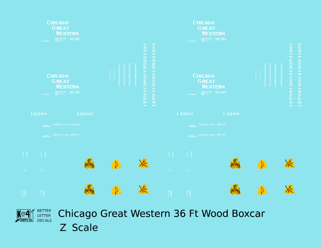 Chicago Great Western 36 Ft Wood Boxcar White and Yellow Leaf Herald - Decal - Choose Scale