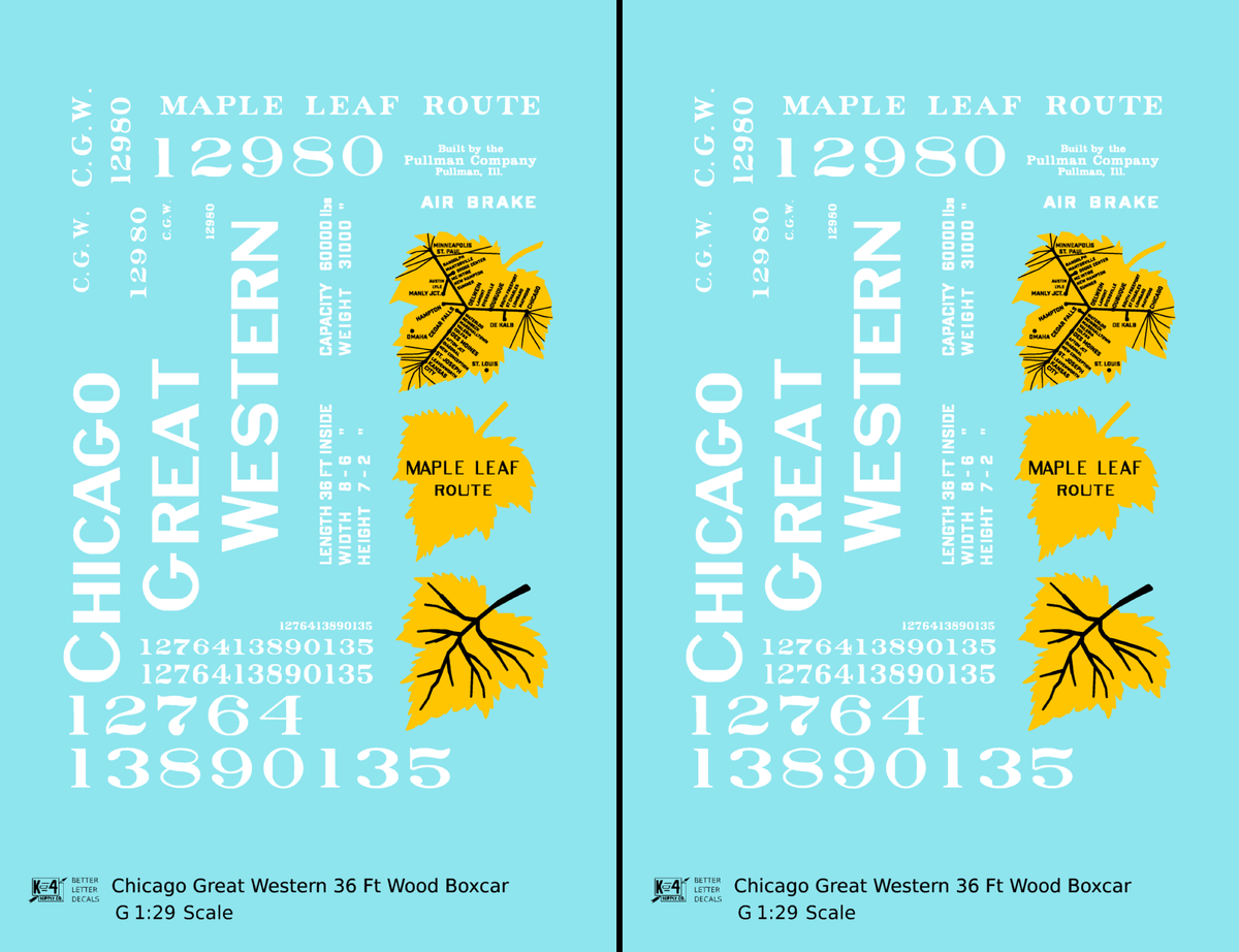 Chicago Great Western 36 Ft Wood Boxcar White and Yellow Leaf Herald - Decal - Choose Scale