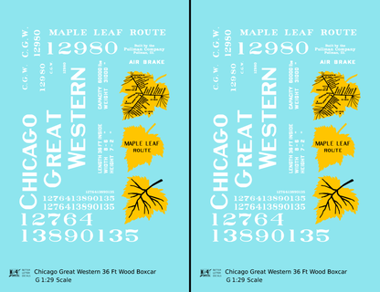 Chicago Great Western 36 Ft Wood Boxcar White and Yellow Leaf Herald - Decal - Choose Scale