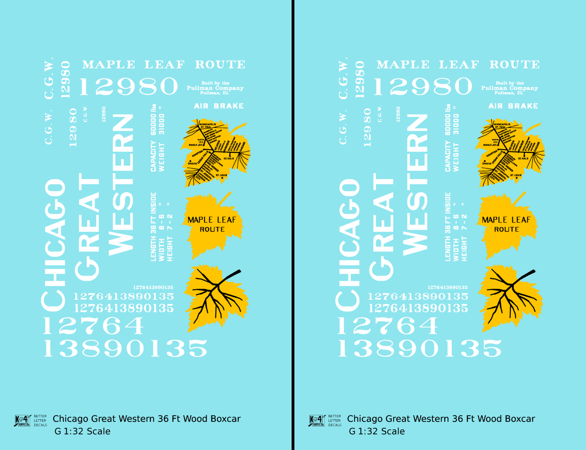 Chicago Great Western 36 Ft Wood Boxcar White and Yellow Leaf Herald - Decal - Choose Scale
