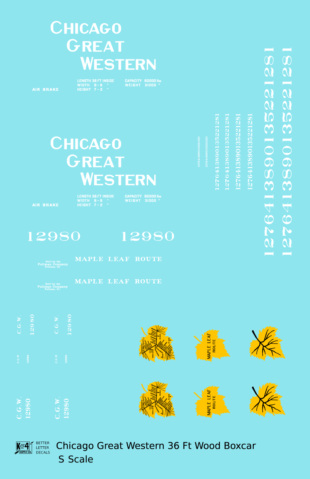 Chicago Great Western 36 Ft Wood Boxcar White and Yellow Leaf Herald - Decal - Choose Scale