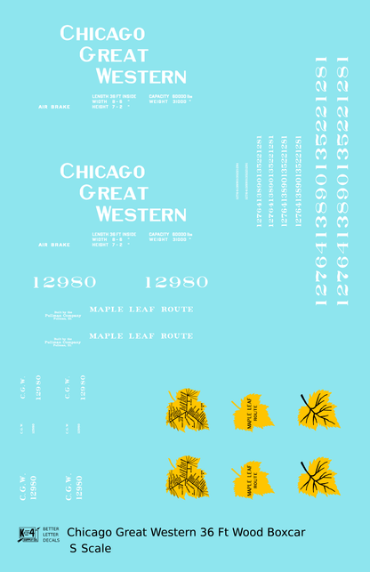Chicago Great Western 36 Ft Wood Boxcar White and Yellow Leaf Herald - Decal - Choose Scale