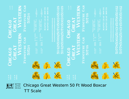 Chicago Great Western 50 Ft Furniture Boxcar White and Yellow Leaf Herald - Decal - Choose Scale