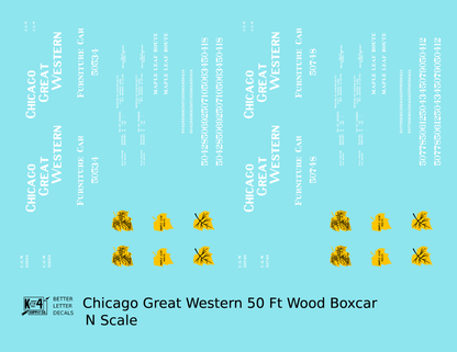 Chicago Great Western 50 Ft Furniture Boxcar White and Yellow Leaf Herald - Decal - Choose Scale