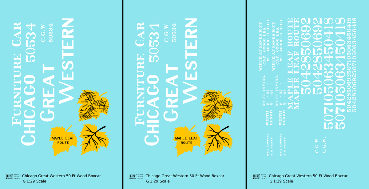 Chicago Great Western 50 Ft Furniture Boxcar White and Yellow Leaf Herald - Decal - Choose Scale