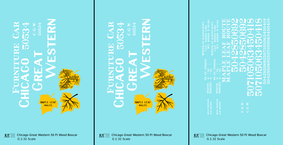 Chicago Great Western 50 Ft Furniture Boxcar White and Yellow Leaf Herald - Decal - Choose Scale