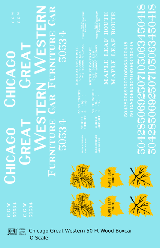 Chicago Great Western 50 Ft Furniture Boxcar White and Yellow Leaf Herald - Decal Sheet