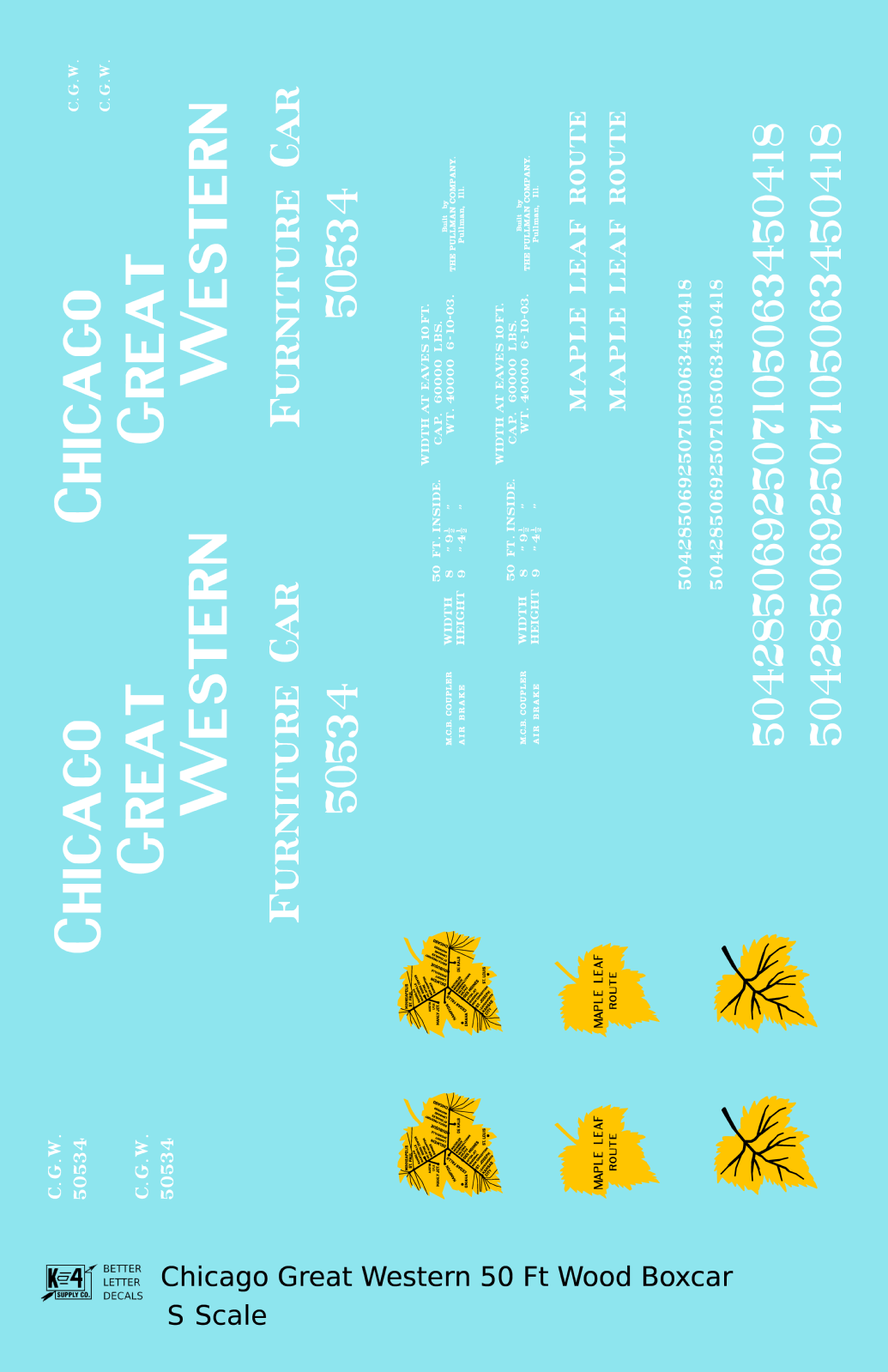 Chicago Great Western 50 Ft Furniture Boxcar White and Yellow Leaf Herald - Decal - Choose Scale
