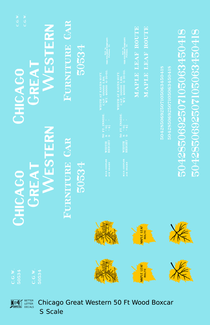 Chicago Great Western 50 Ft Furniture Boxcar White and Yellow Leaf Herald - Decal - Choose Scale