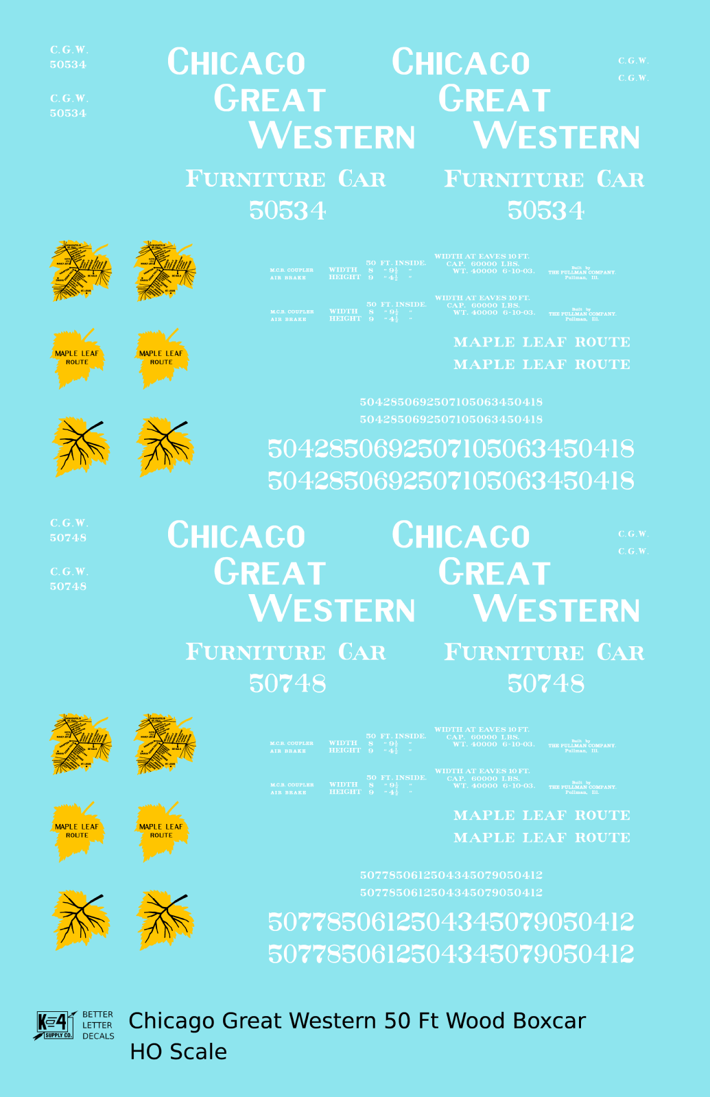 Chicago Great Western 50 Ft Furniture Boxcar White and Yellow Leaf Herald - Decal - Choose Scale