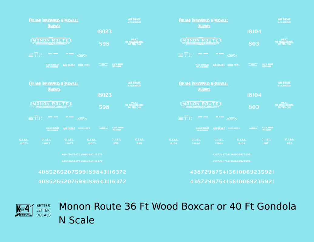 CI&L (Monon) 36 Ft Wood Boxcar 40 Ft Gondola White Early Scheme