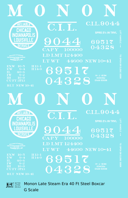 Monon (CIL) 40 Ft Steam Era Boxcar White Early Round Herald