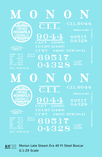 Monon (CIL) 40 Ft Steam Era Boxcar White Early Round Herald