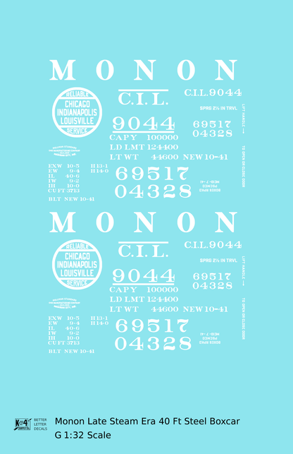 Monon (CIL) 40 Ft Steam Era Boxcar White Early Round Herald