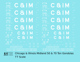 Chicago and Illinois Midland 50 and 70 Ton Gondolas White  - Decal - Choose Scale