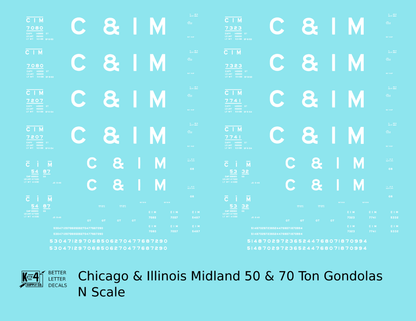 Chicago and Illinois Midland 50 and 70 Ton Gondolas White  - Decal - Choose Scale
