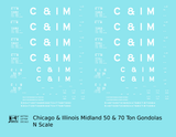 Chicago and Illinois Midland 50 and 70 Ton Gondolas White  - Decal - Choose Scale