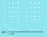 Chicago and Illinois Midland 50 and 70 Ton Gondolas White  - Decal - Choose Scale
