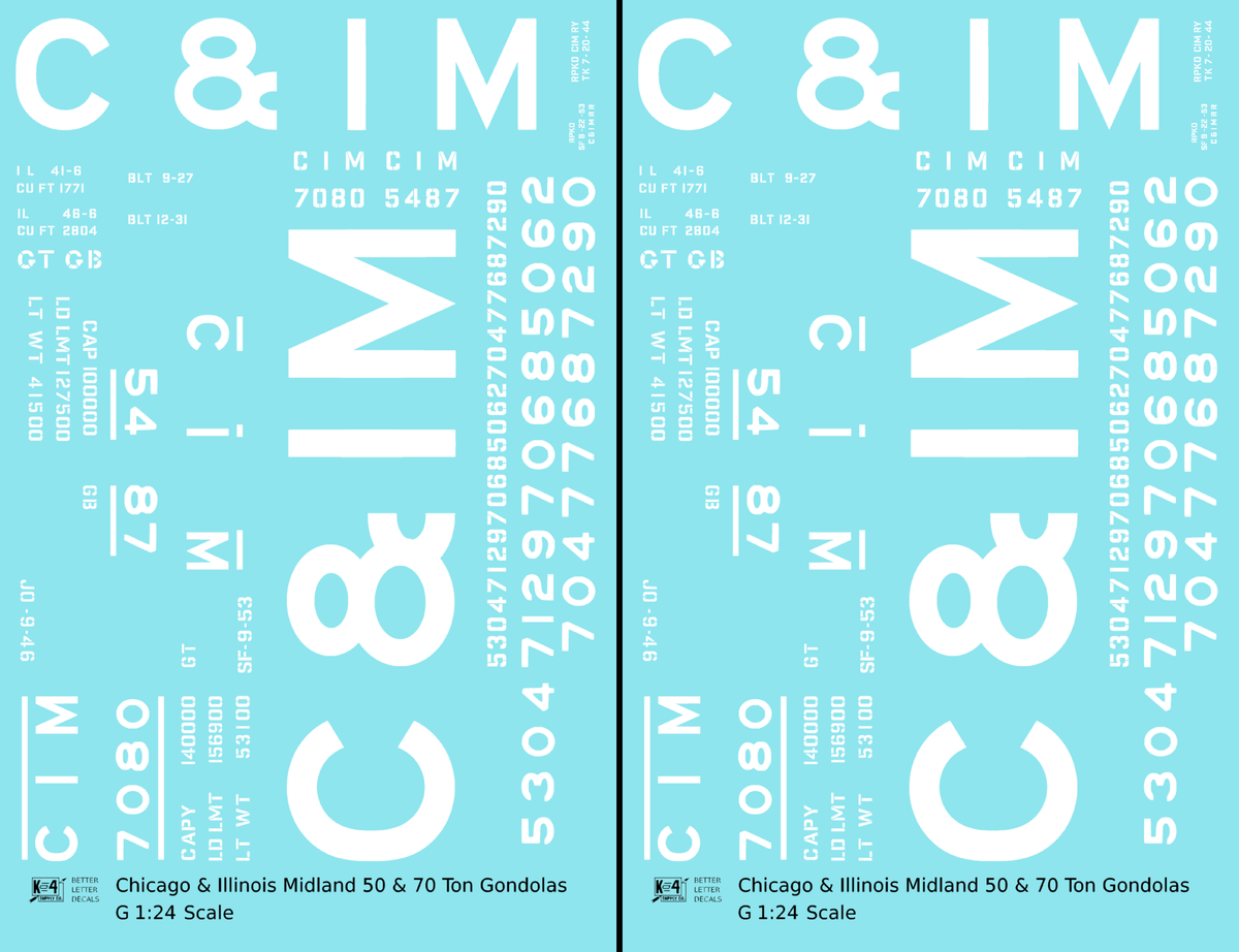 Chicago and Illinois Midland 50 and 70 Ton Gondolas White  - Decal - Choose Scale