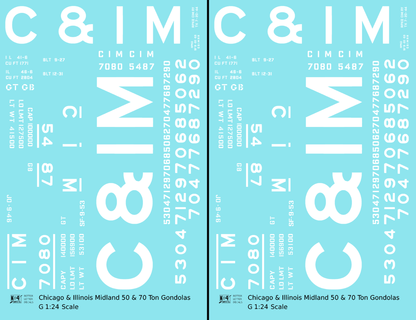 Chicago and Illinois Midland 50 and 70 Ton Gondolas White  - Decal - Choose Scale