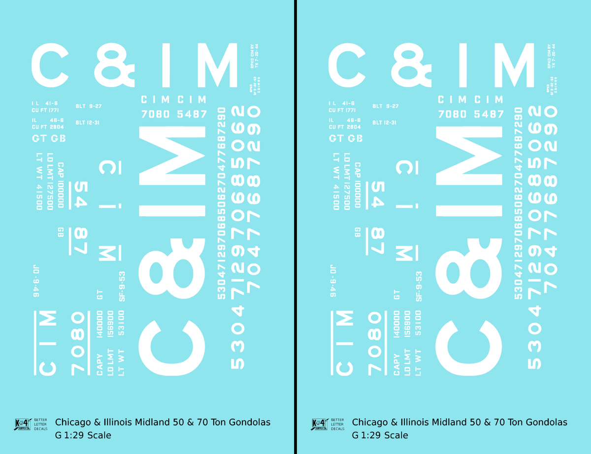 Chicago and Illinois Midland 50 and 70 Ton Gondolas White  - Decal - Choose Scale