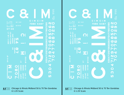 Chicago and Illinois Midland 50 and 70 Ton Gondolas White  - Decal - Choose Scale