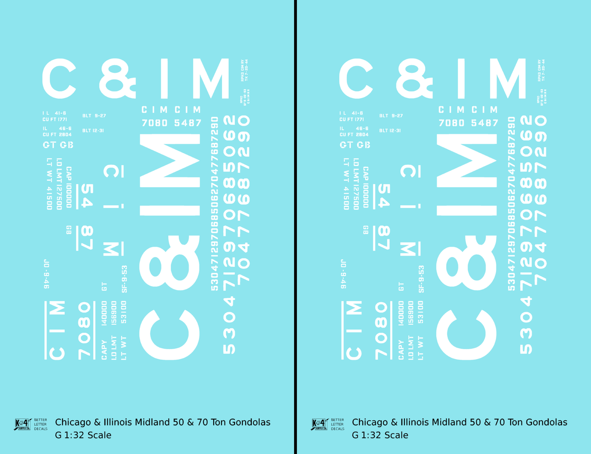Chicago and Illinois Midland 50 and 70 Ton Gondolas White  - Decal - Choose Scale
